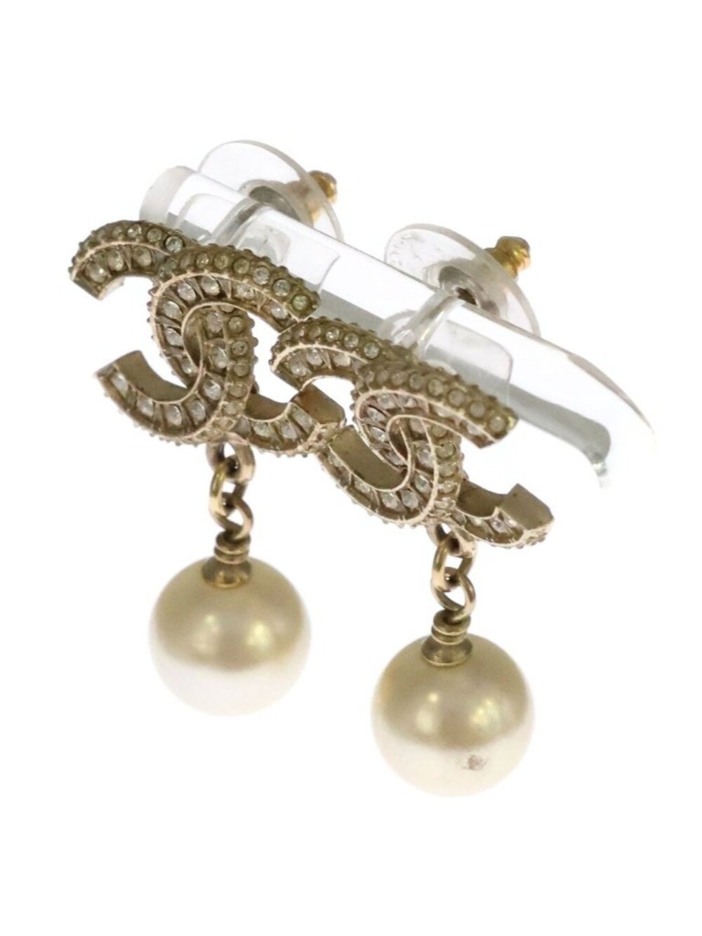 Chanel CC Logo Pearl Rhinestone Earrings Gold